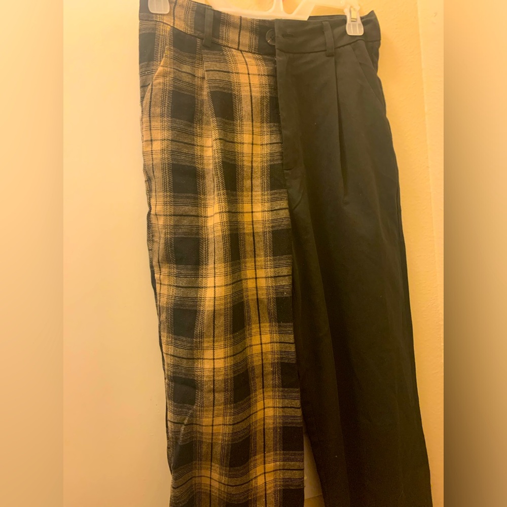 Black and Plaid Color Block Wide Leg Pants